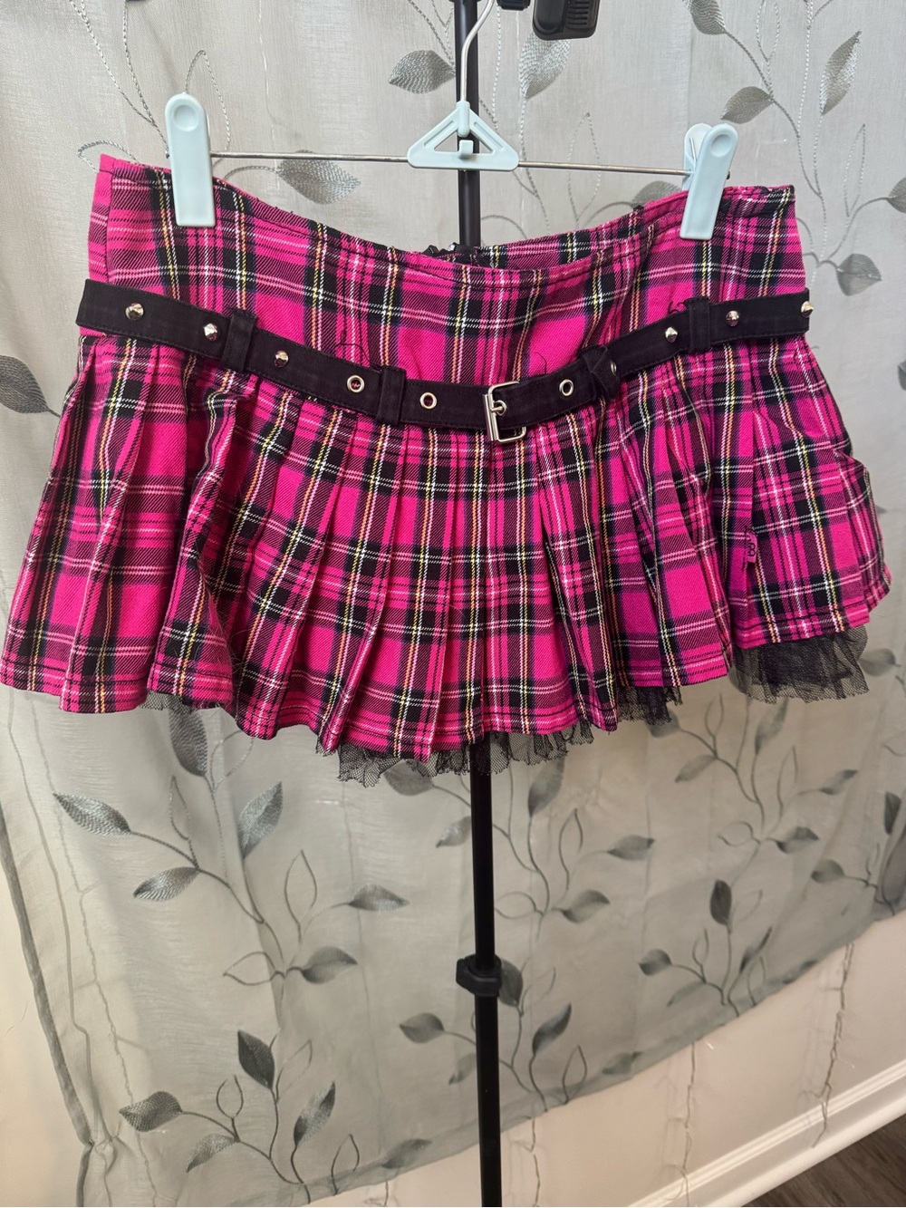 Pink Plaid Pleated Mini Skirt with Belt